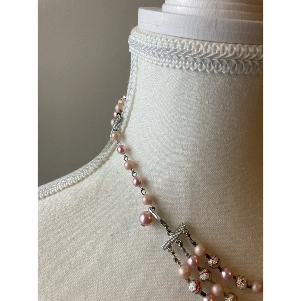 Vintage‎ Multi Strand Necklace Pink Faux Pearl Gold Tone Romantic Collar Choker